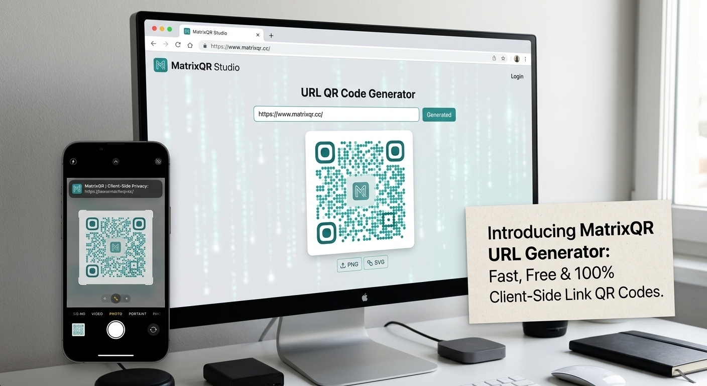 MatrixQR private client-side URL QR code generator interface overview