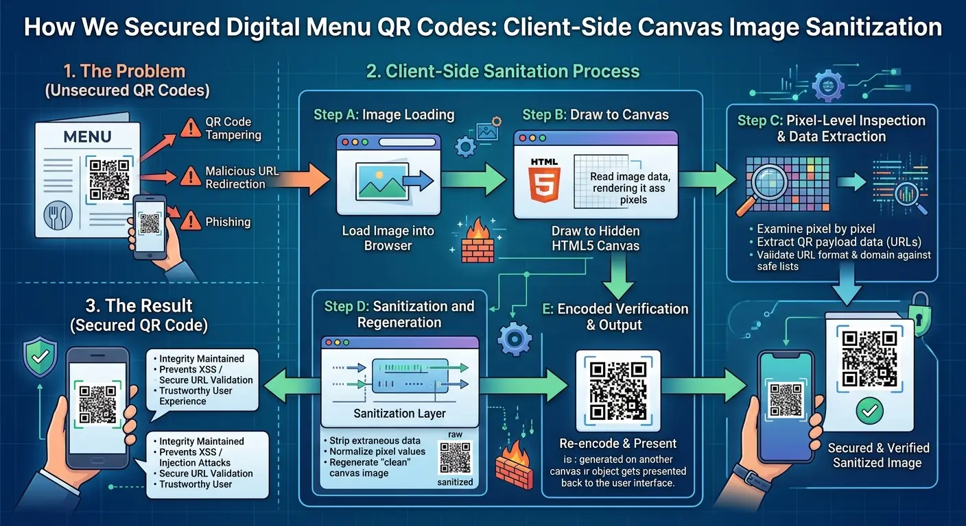 Infographic showing client-side canvas image sanitization workflow for securing digital menu QR codes, from problem identification to canvas redrawing and safe re-encoding.
